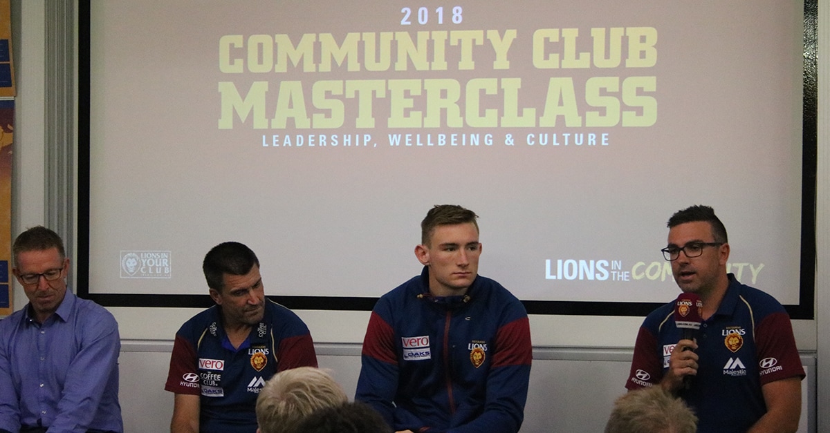 commenuitypic18web.jpg (L-R): David Noble, Dale Tapping, Harris Andrews and Andrew Crowell speaking at the Community Club Masterclass. - Brisbane Lions